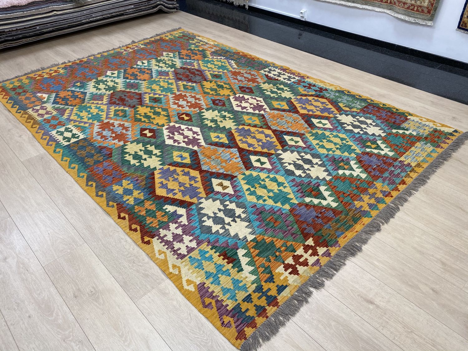 Kleurrijk Tapijt Laagpolig Handgeweven Wollen Vloerkleed - Omid Afghan Kelim 295x193cm