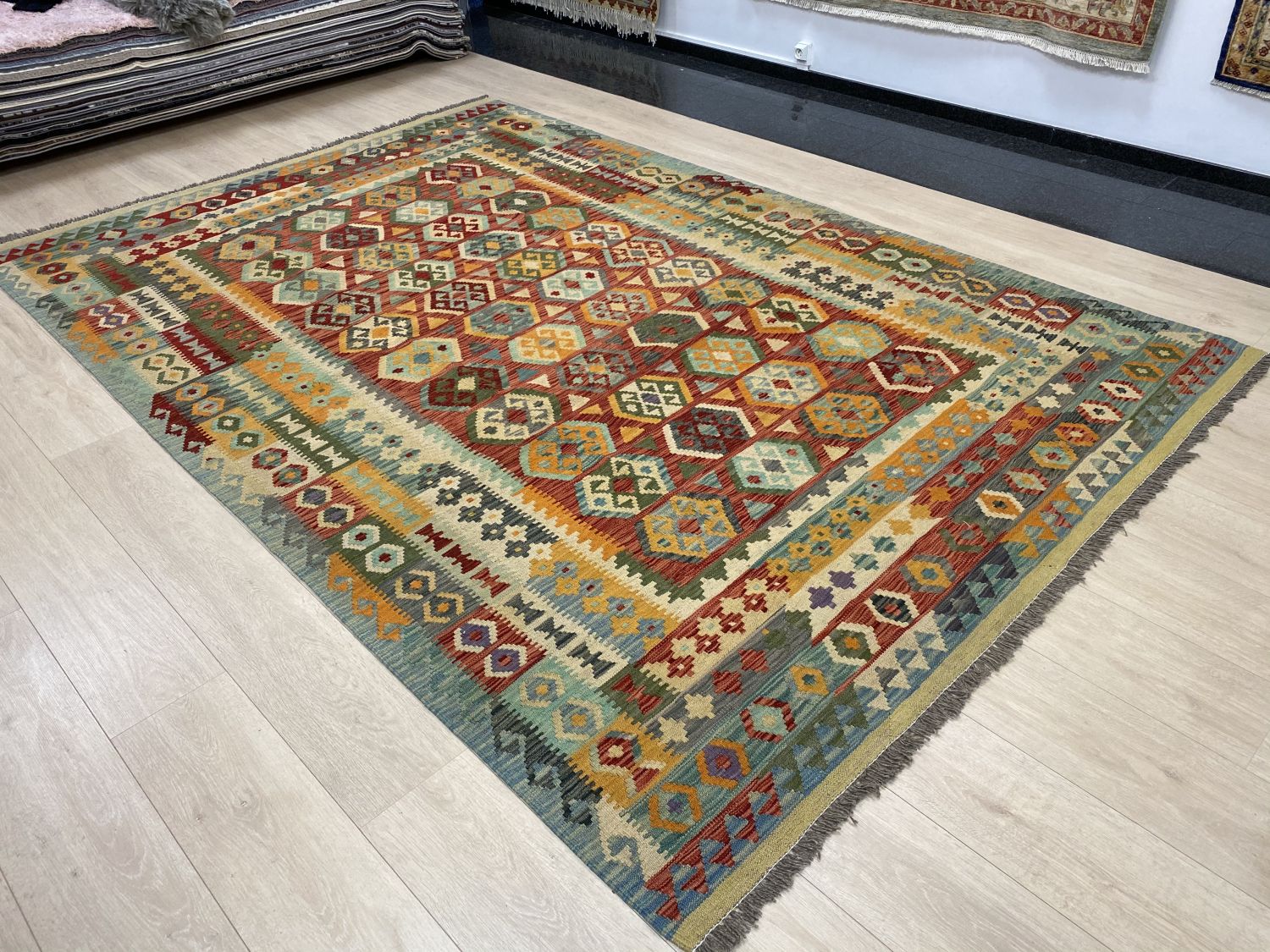 Kleurrijk Tapijt Laagpolig Handgeweven Wollen Vloerkleed - Omid Afghan Kelim 305x200cm
