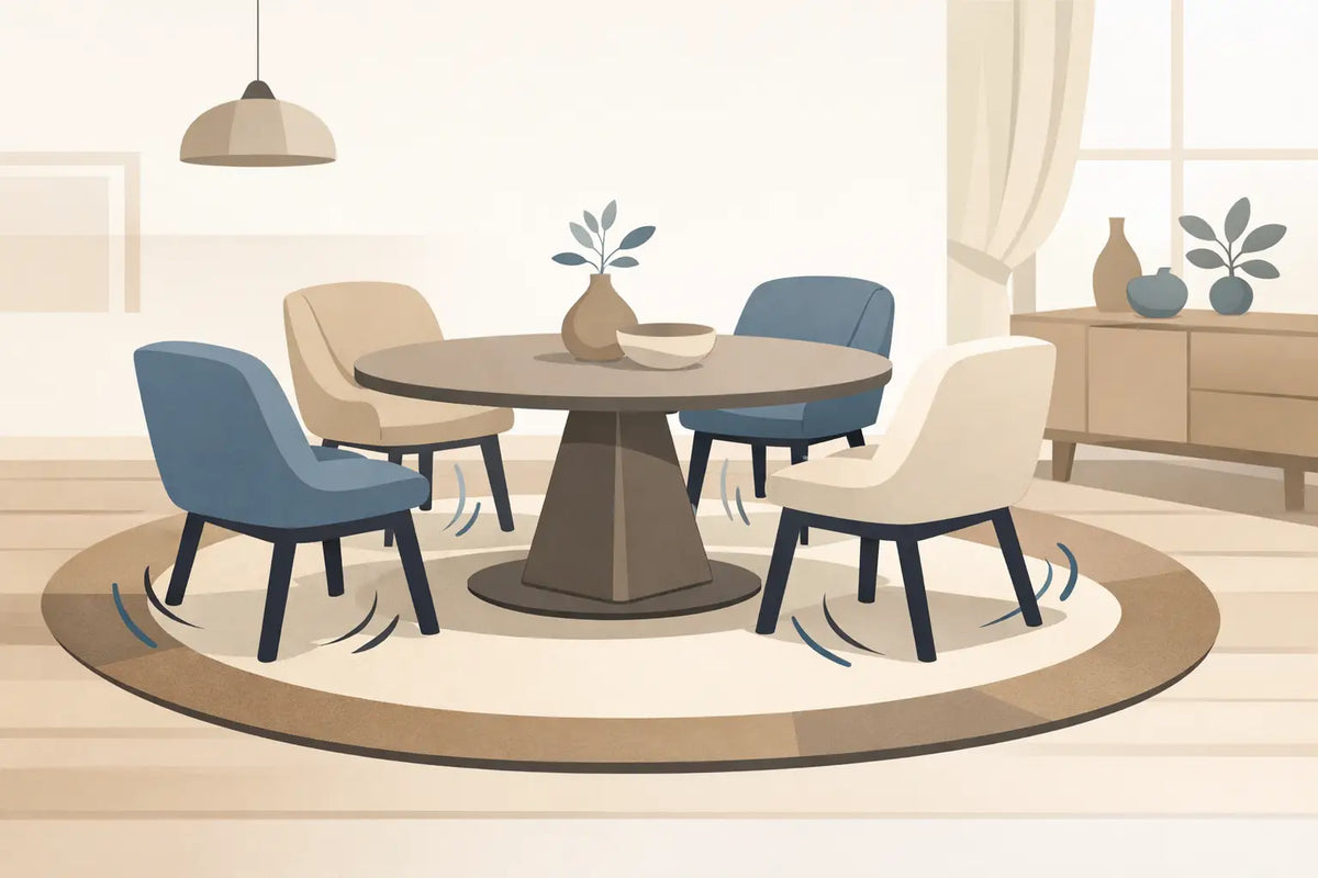 Eetkamer vloerkleed kiezen bij schuivende stoelen