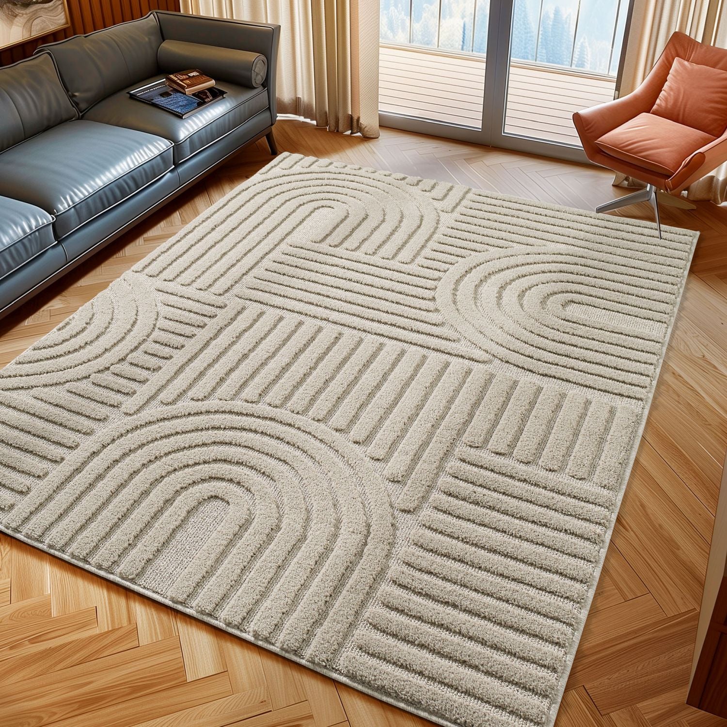 Beige Tapijt Laagpolig Vloerkleed Omid Japandi Stijl