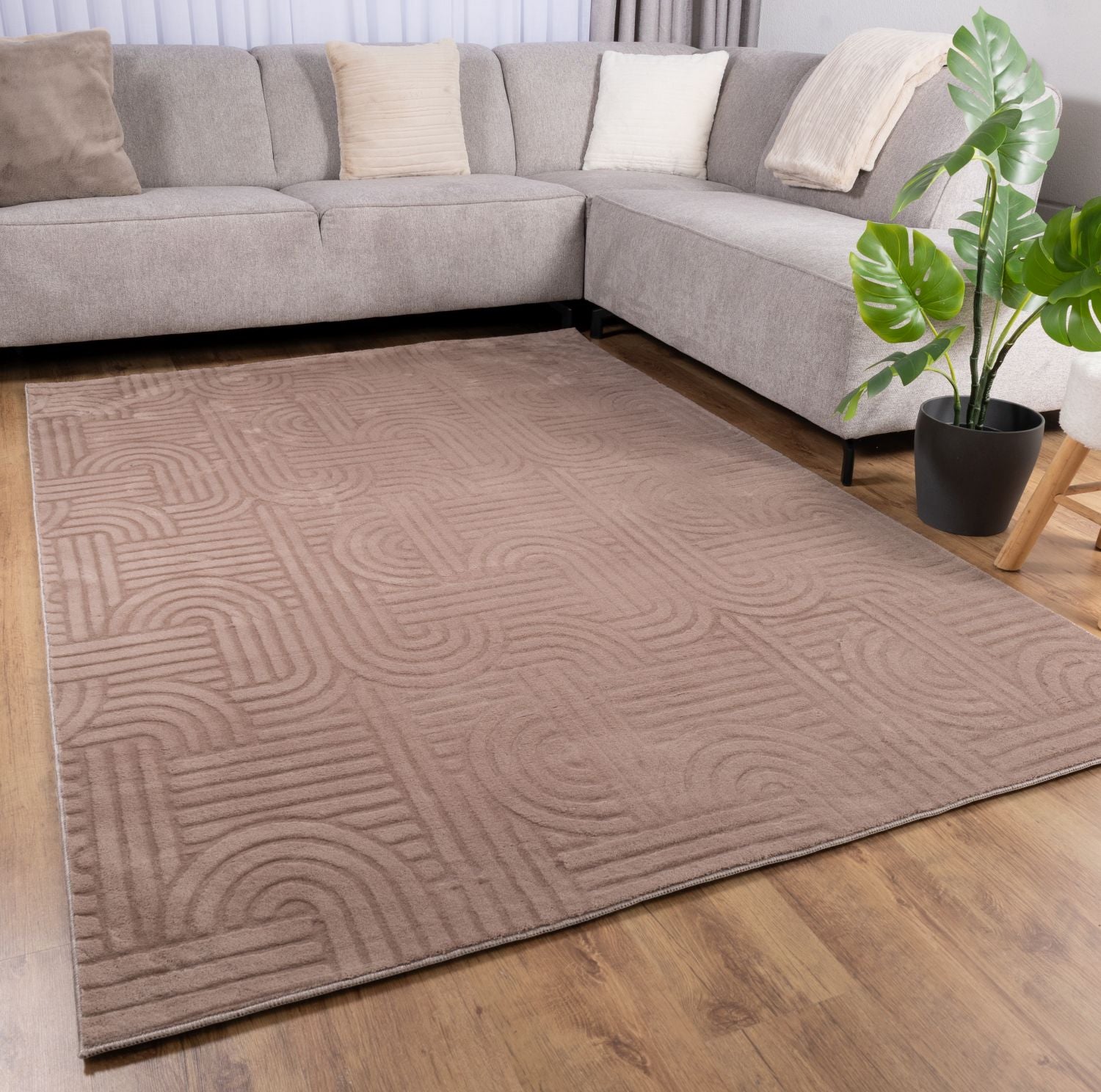 Taupe Tapijt Wasbaar Laagpolig Vloerkleed met Anti Slip Omid Japandi Stijl Wasbaar op 30° - Omid Carpets