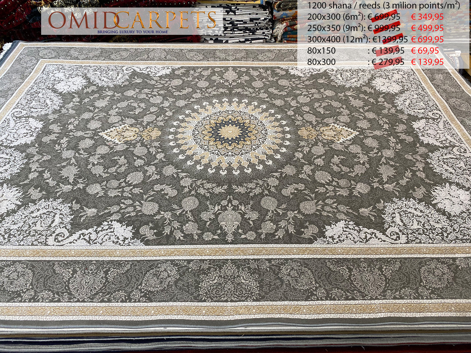 قالین 1200 شانه * Grijs Tapijt Laagpolig Klassiek Vloerkleed - Omid Premium Classic Hand Look - 3 Miljoen punten/m²