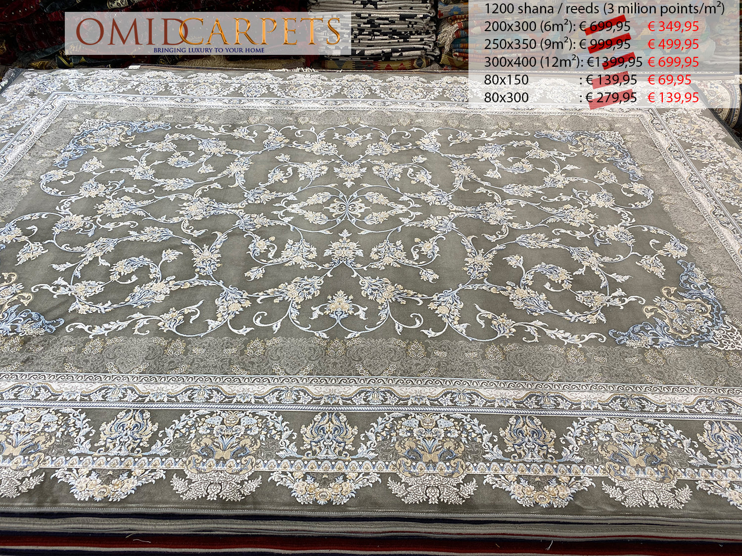 قالین 1200 شانه * Grijs Tapijt Laagpolig Klassiek Vloerkleed - Omid Premium Classic Hand Look - 3 Miljoen punten/m²