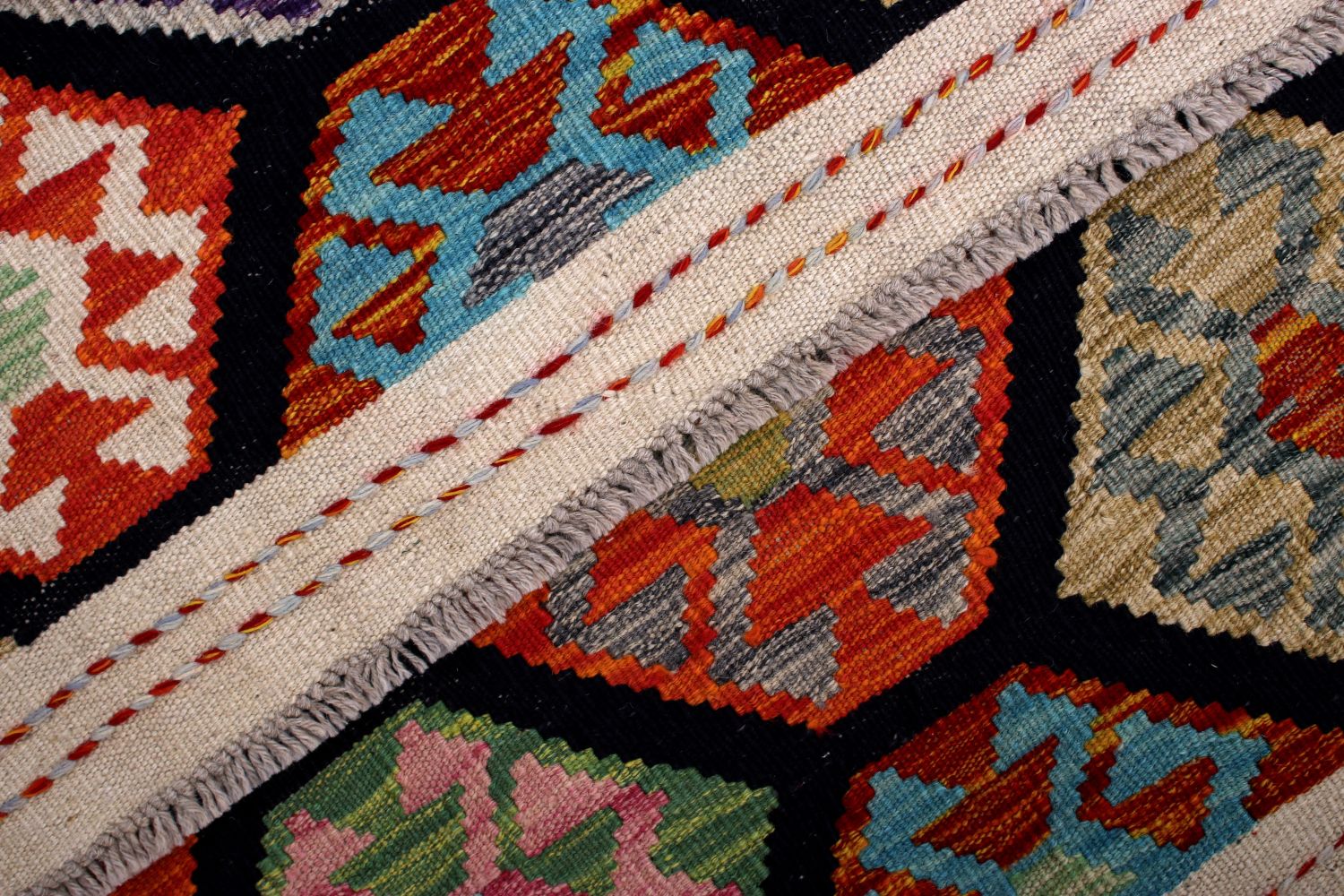 Kleurrijk Tapijt Laagpolig Handgeweven Wollen Vloerkleed - Omid Afghan Kelim 119x83