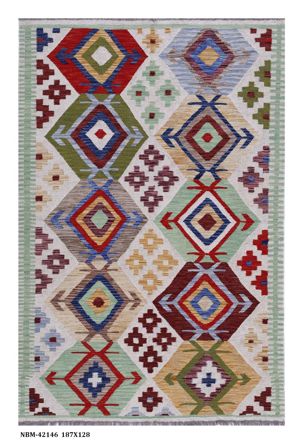 Kleurrijk Tapijt Laagpolig Handgeweven Wollen Vloerkleed - Omid Afghan Kelim 187x128
