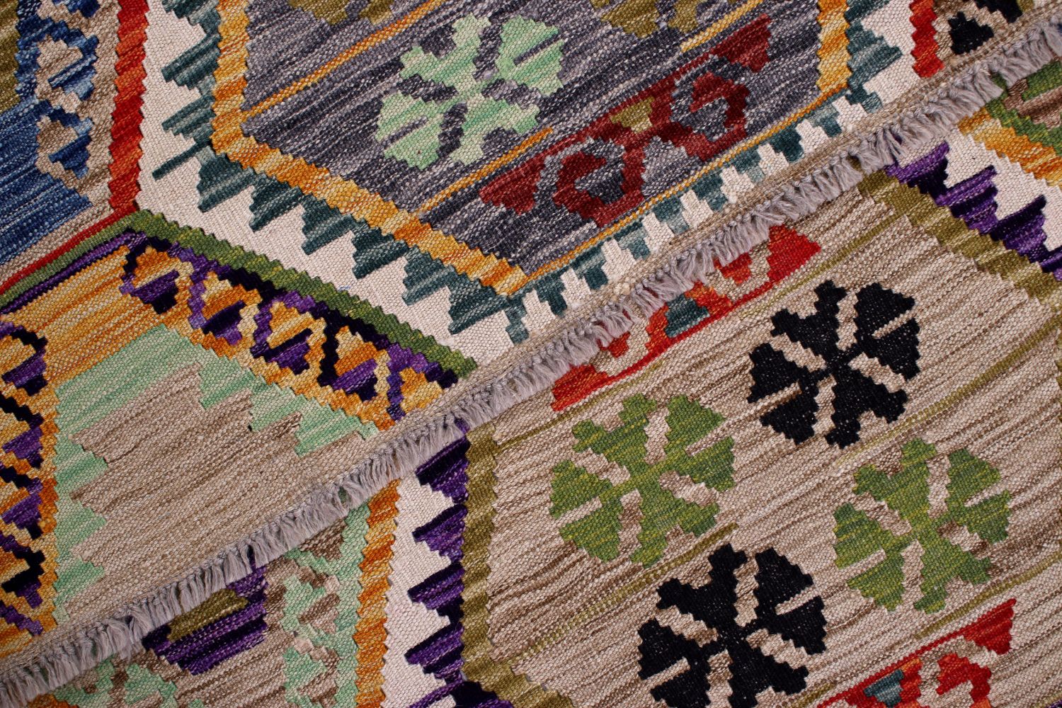 Kleurrijk Tapijt Laagpolig Handgeweven Wollen Vloerkleed - Omid Afghan Kelim 303x211