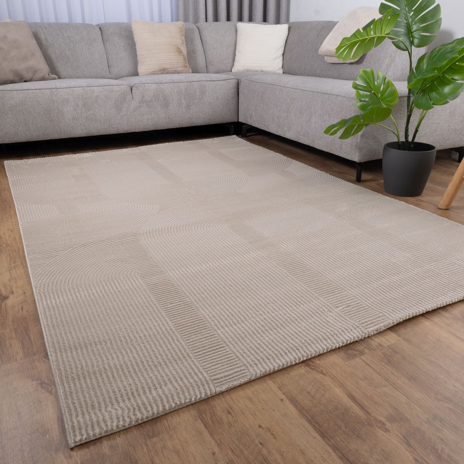Beige Tapijt Kwalitatief Laagpolig Vloerkleed Omid Premium Touch 3D Toon op Toon Japandi Stijl