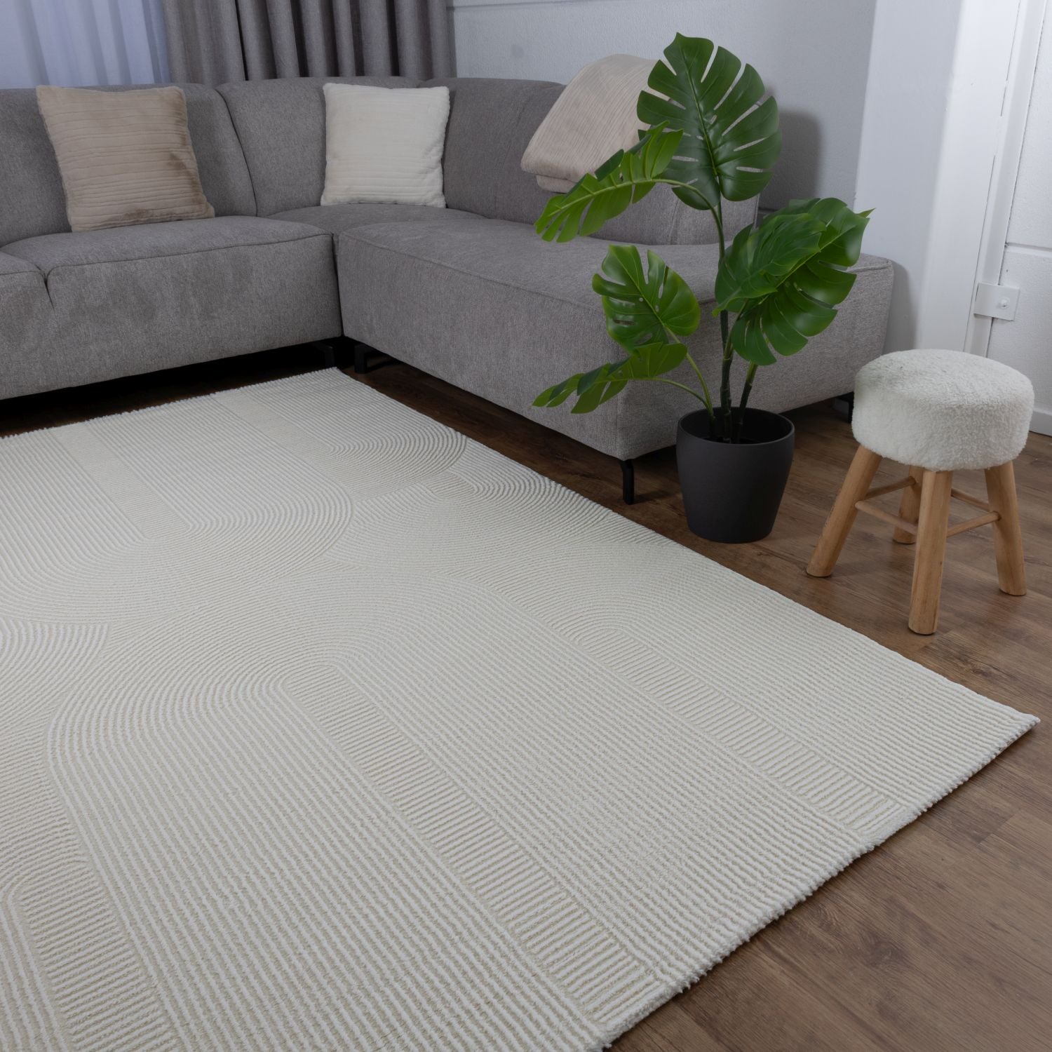 Crème Tapijt Kwalitatief Laagpolig Vloerkleed Omid Premium Touch 3D Toon op Toon Japandi Stijl