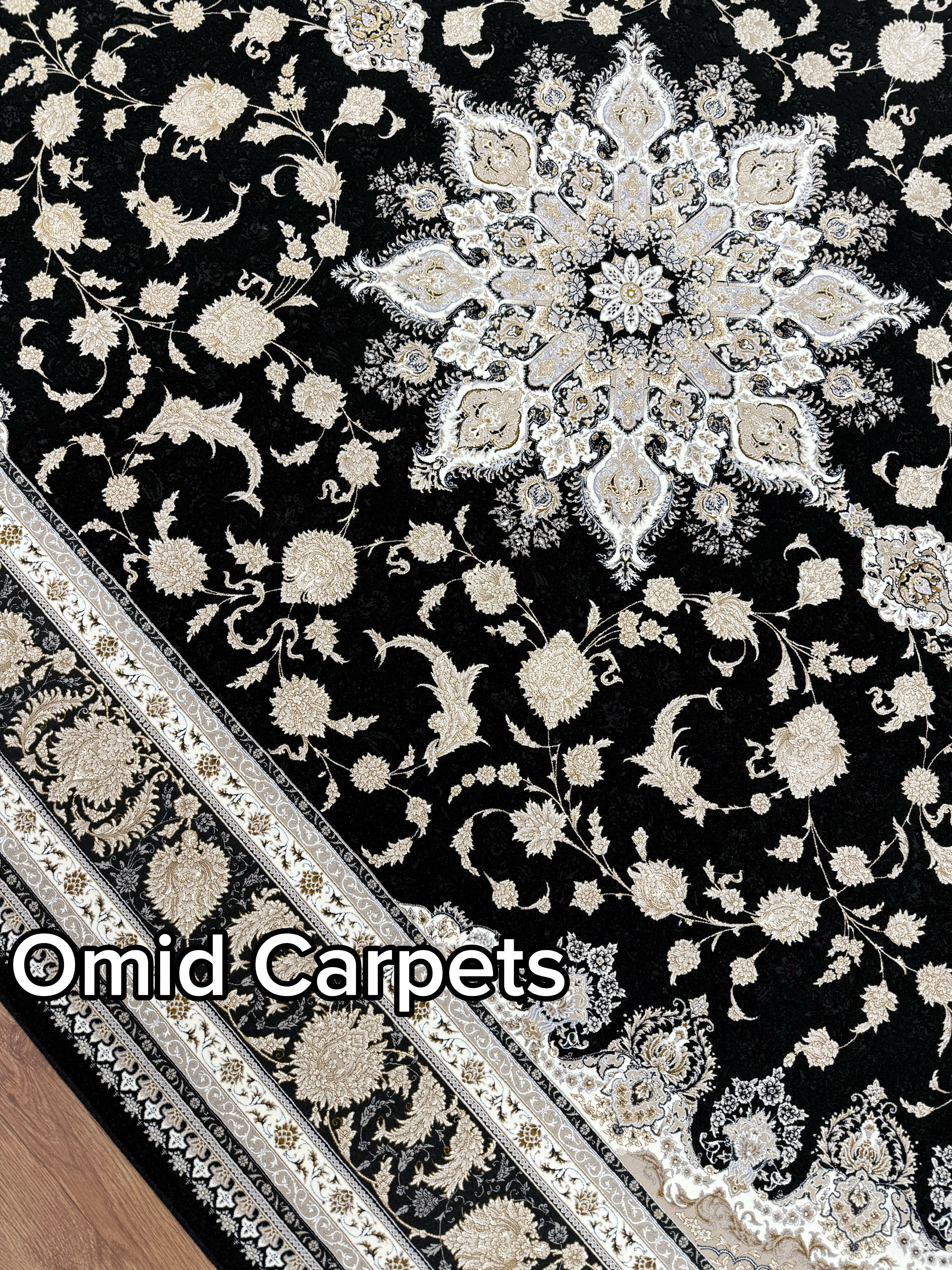 Tapis 1500 nœuds * Tapis noir à poils ras classique - Omid Premium Classic Aspect fait main - 4,5 millions de points/m²
