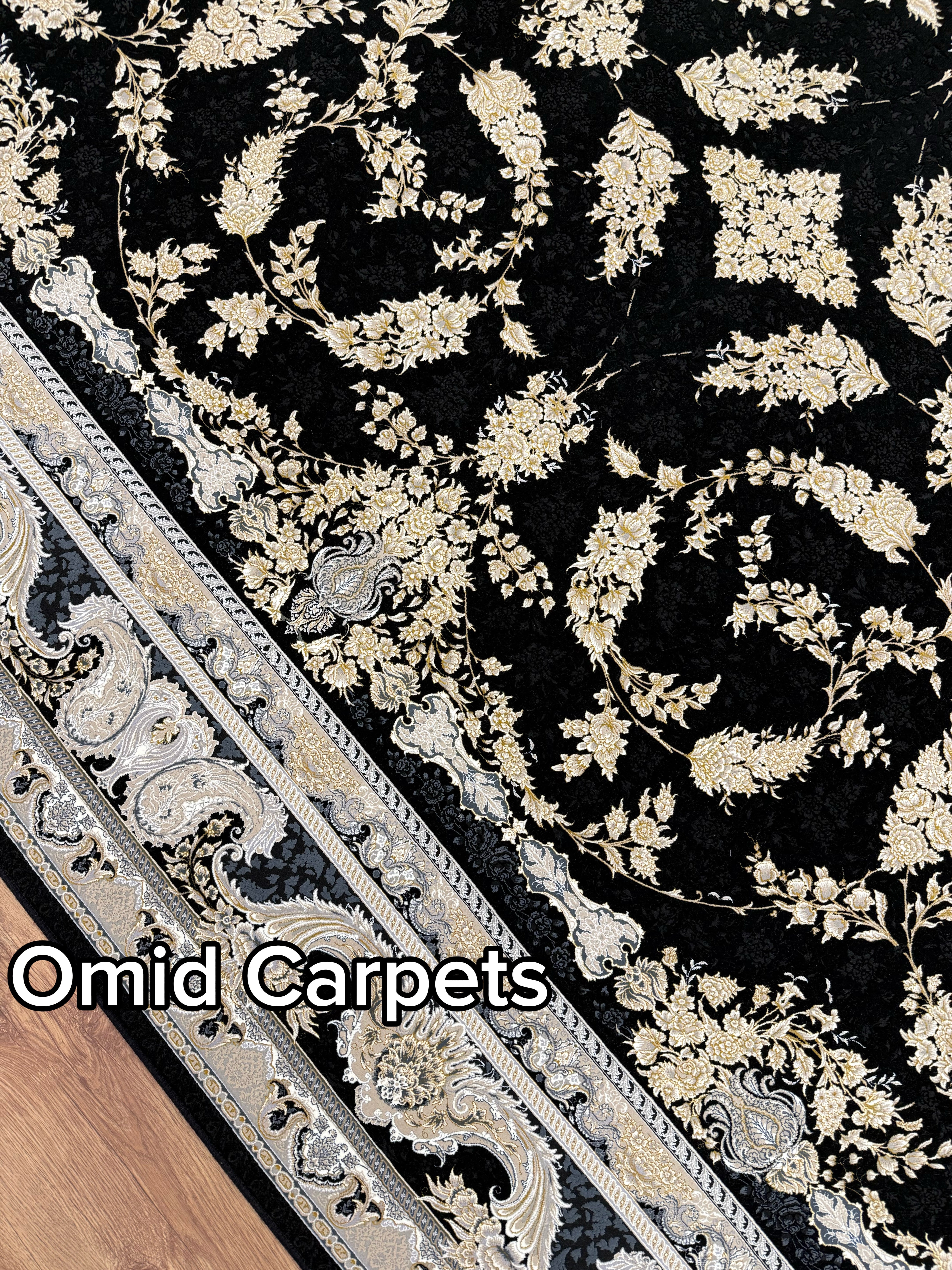 Tapis 1500 nœuds * Tapis noir à poils ras classique - Omid Premium Classic Aspect fait main - 4,5 millions de points/m²