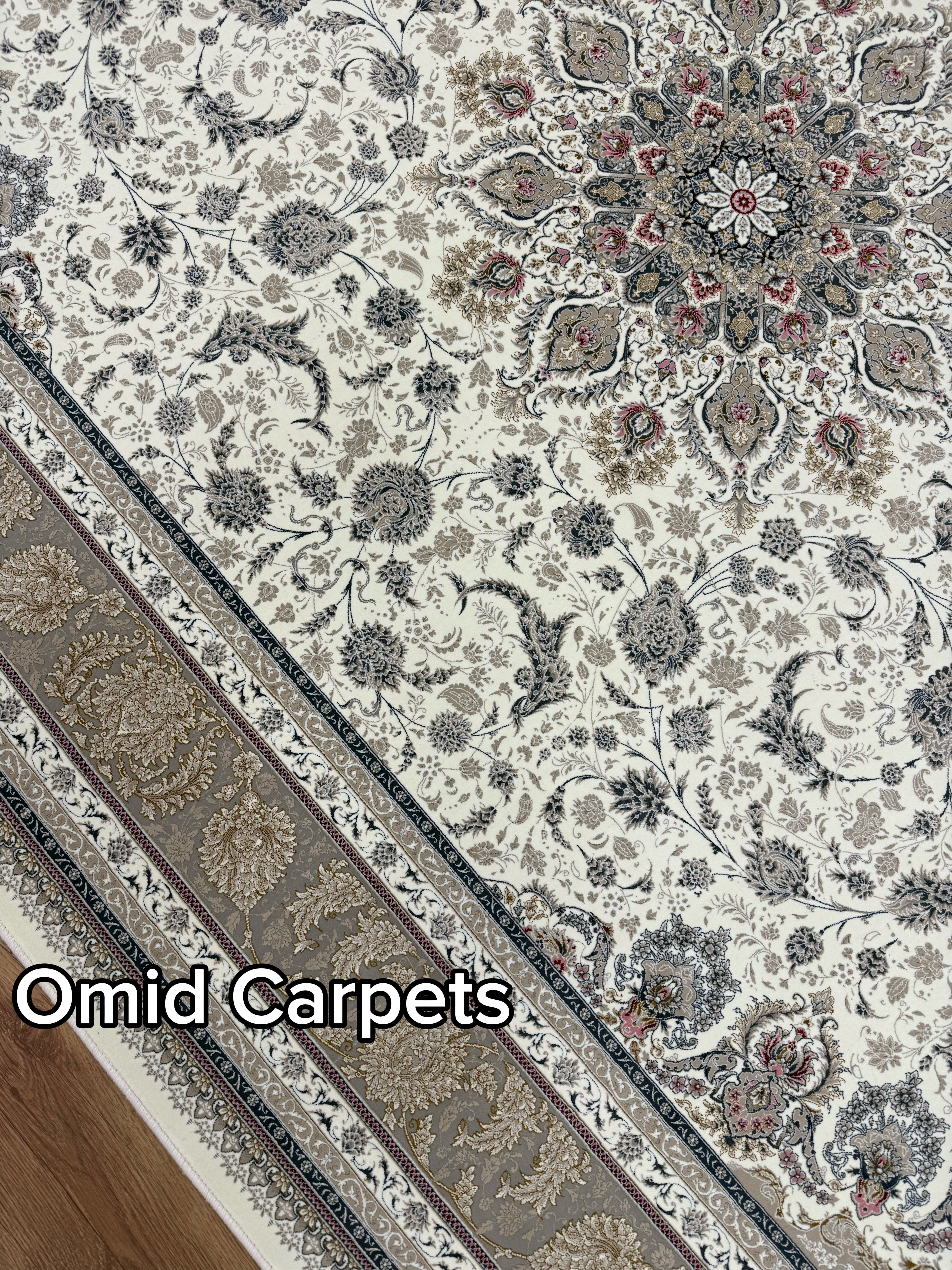 Tapis 1500 nœuds * Crème Tapis à poils ras Classique - Omid Premium Classic Aspect fait main - 4,5 millions de points/m²