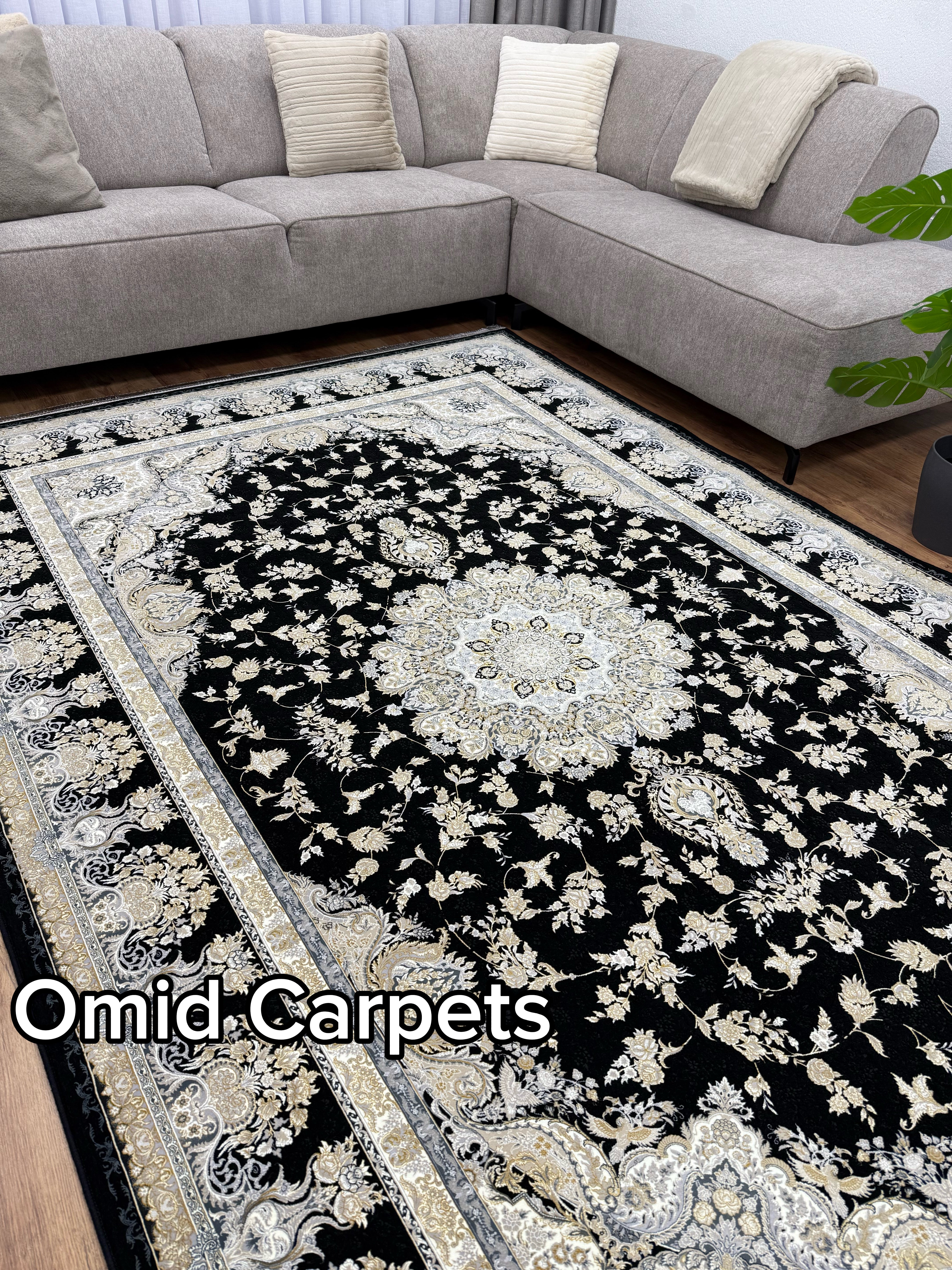 Tapis 1500 nœuds * Tapis noir à poils ras classique - Omid Premium Classic Aspect fait main - 4,5 millions de points/m²