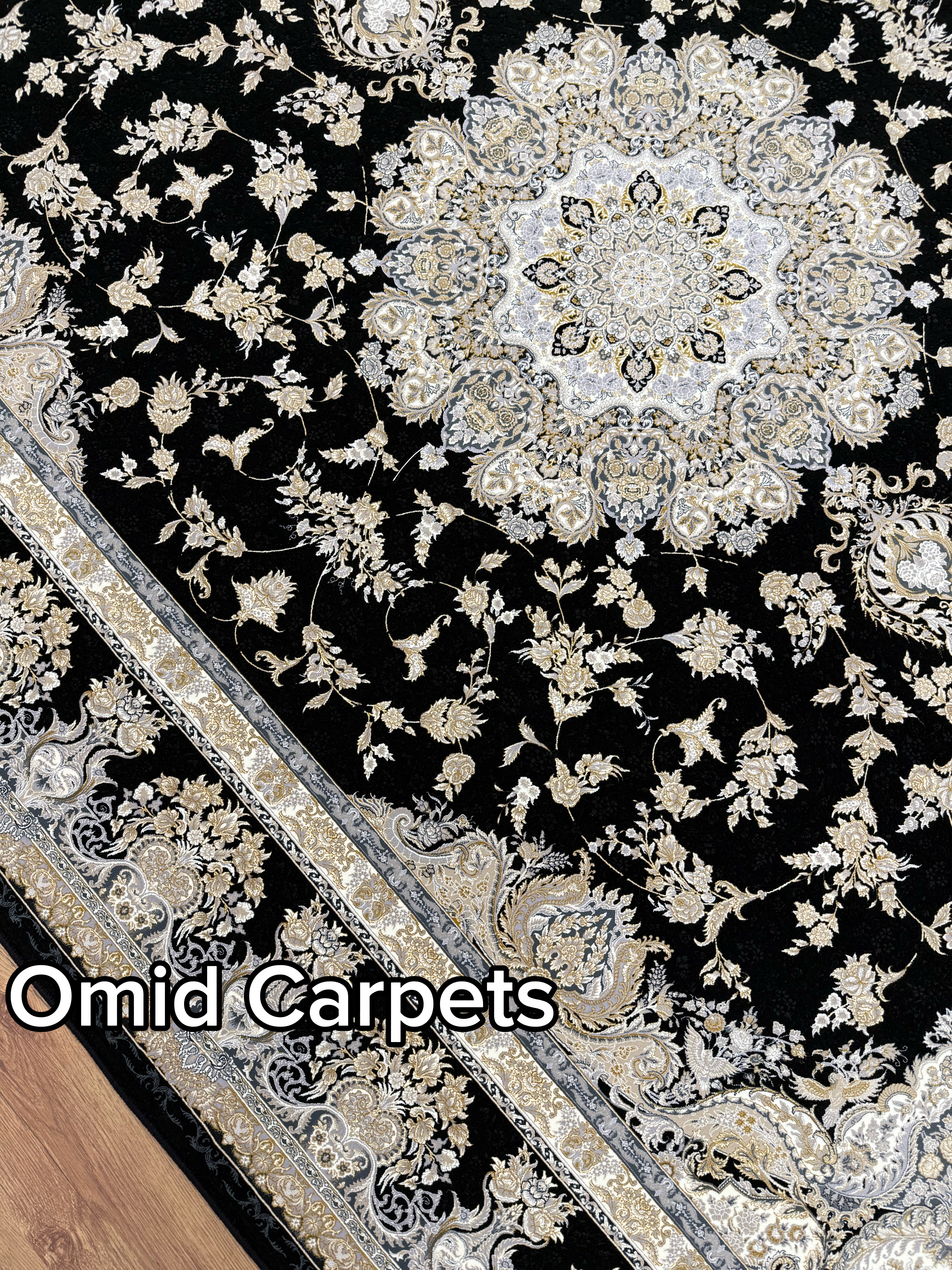 Tapis 1500 nœuds * Tapis noir à poils ras classique - Omid Premium Classic Aspect fait main - 4,5 millions de points/m²