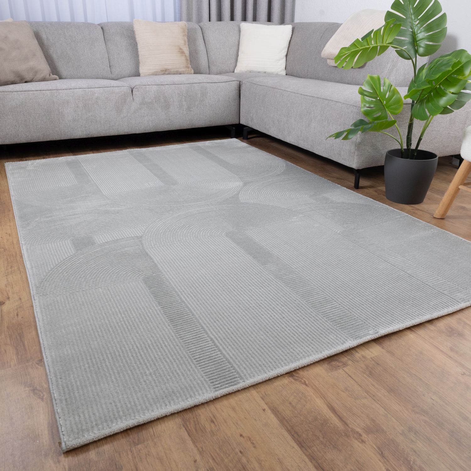 Grijs Tapijt Kwalitatief Laagpolig Vloerkleed Omid Premium Touch 3D Toon op Toon Japandi Stijl