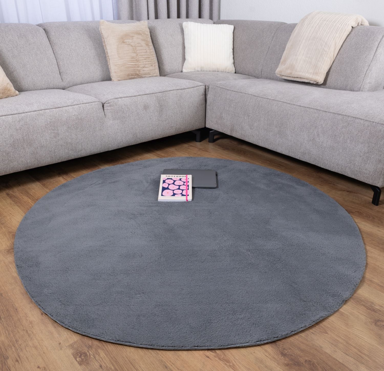 Antraciet Rond Tapijt Laagpolig Rond Vloerkleed met Anti Slip Omid Soft Comfort Wasbaar op 30°