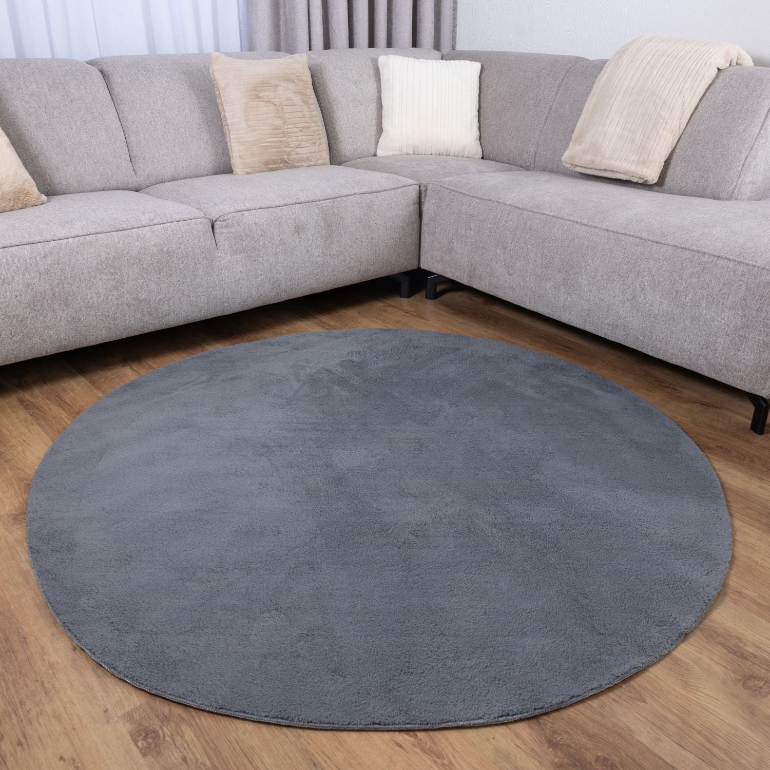 Antraciet Rond Tapijt Laagpolig Rond Vloerkleed met Anti Slip Omid Soft Comfort Wasbaar op 30°