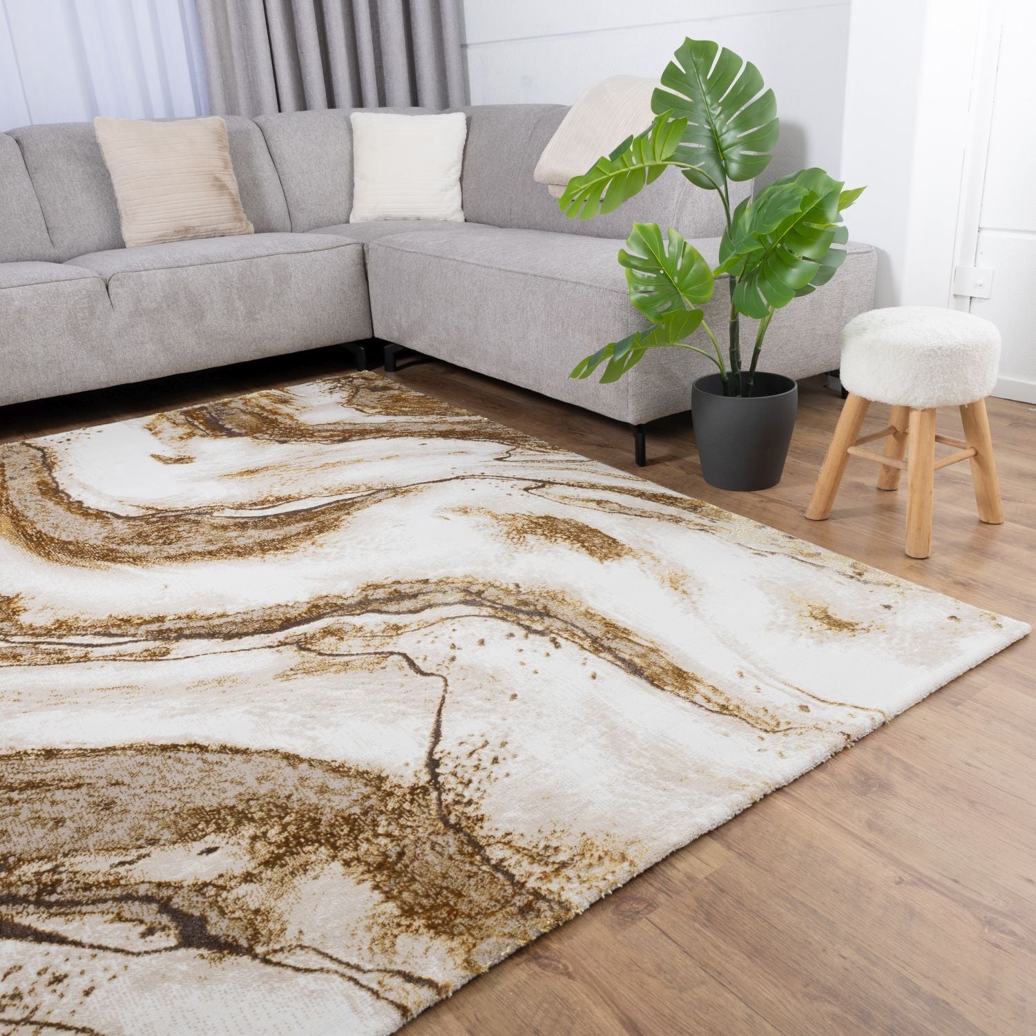Beige Tapijt Laagpolig Vloerkleed Omid Marble Lux