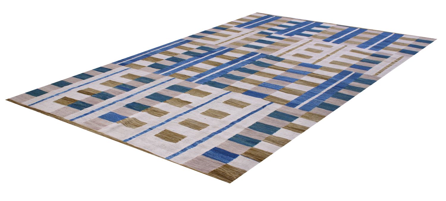 Blauw Tapijt Laagpolig Handgeweven Wollen Vloerkleed - Omid Afghan Modern Kelim 288x199