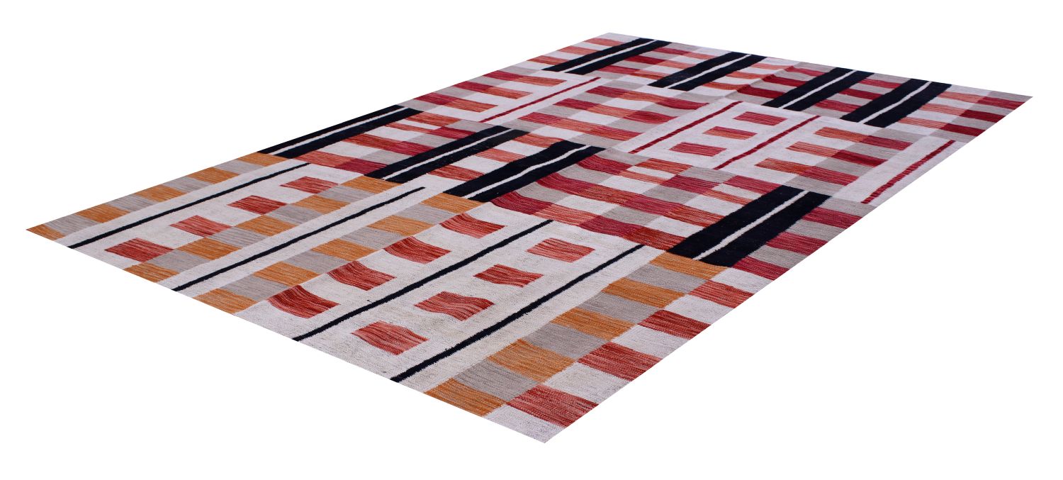 Rood Tapijt Laagpolig Handgeweven Wollen Vloerkleed - Omid Afghan Modern Kelim 221x168
