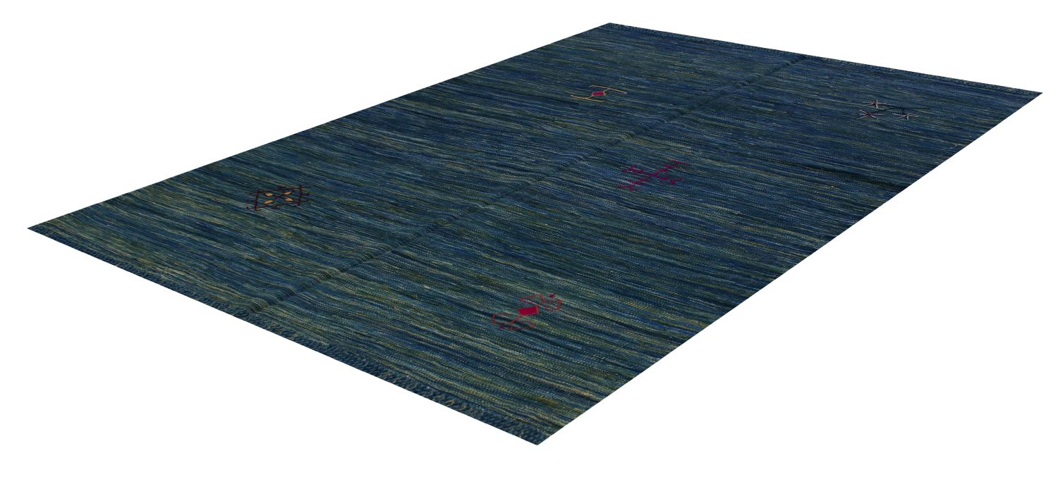 Blauw Tapijt Laagpolig Handgeweven Wollen Vloerkleed - Omid Afghan Modern Kelim 199x152