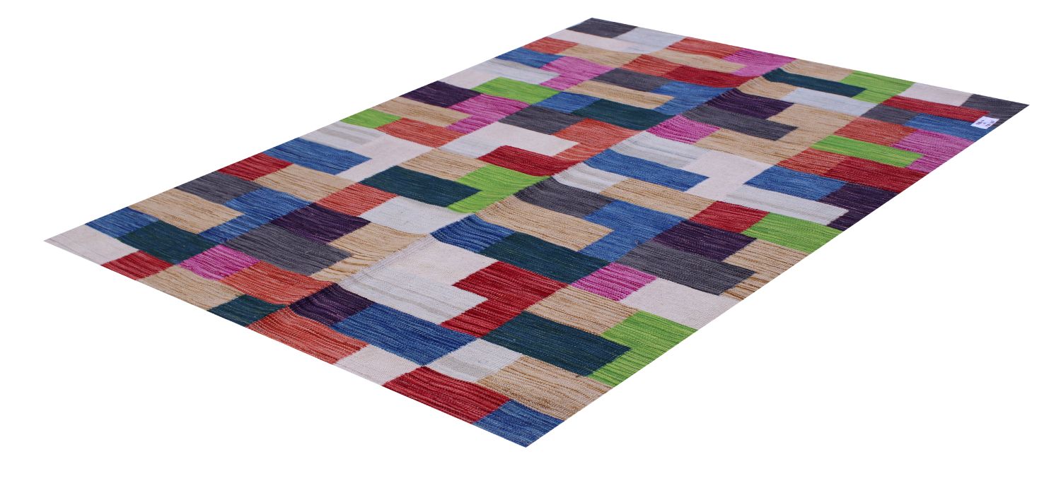 Kleurrijk Tapijt Laagpolig Handgeweven Wollen Vloerkleed - Omid Afghan Modern Kelim 173x125