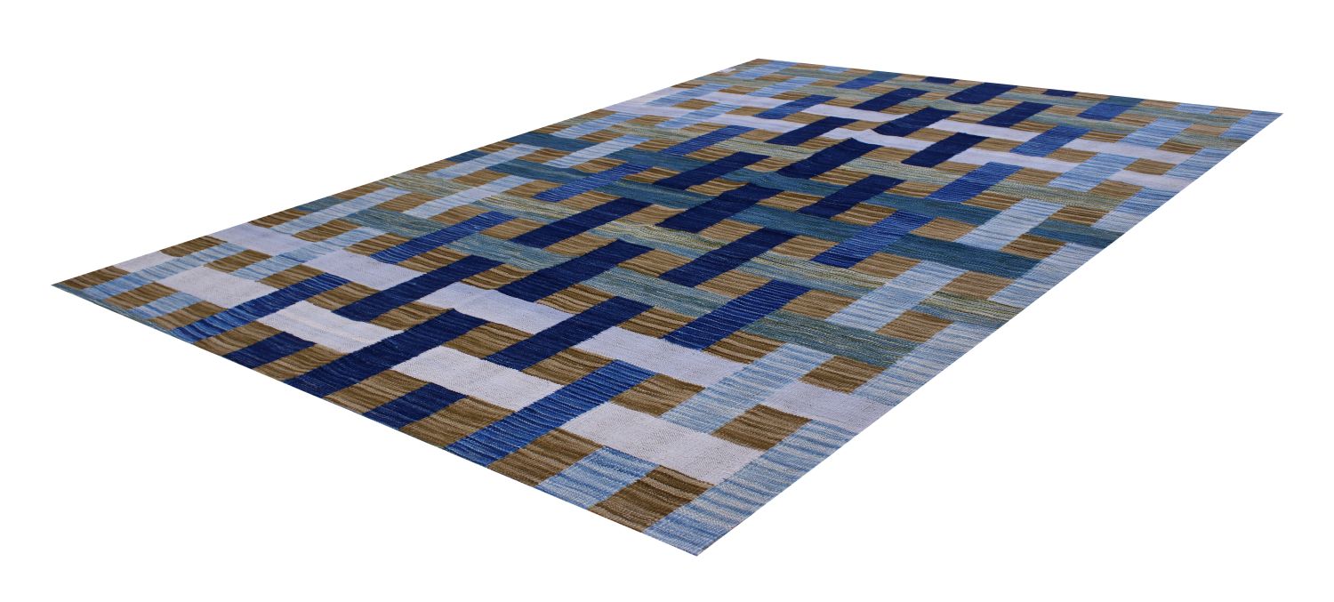 Blauw Tapijt Laagpolig Handgeweven Wollen Vloerkleed - Omid Afghan Modern Kelim 188x146