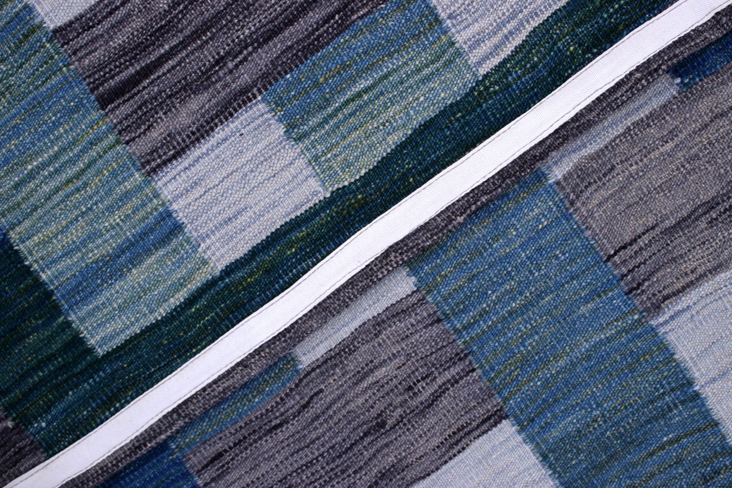 Blauw Tapijt Laagpolig Handgeweven Wollen Vloerkleed - Omid Afghan Modern Kelim 164x141