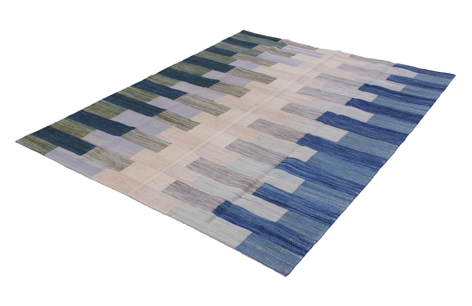 Blauw Tapijt Laagpolig Handgeweven Wollen Vloerkleed - Omid Afghan Modern Kelim 193x154