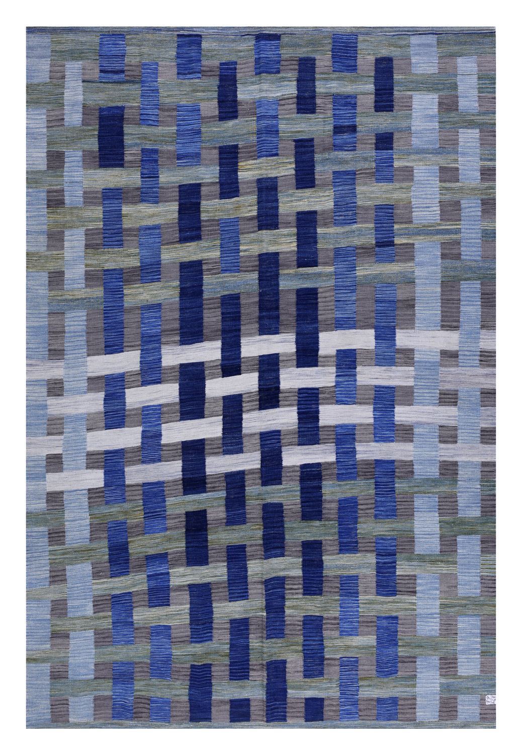 Blauw Tapijt Laagpolig Handgeweven Wollen Vloerkleed - Omid Afghan Modern Kelim 296x203