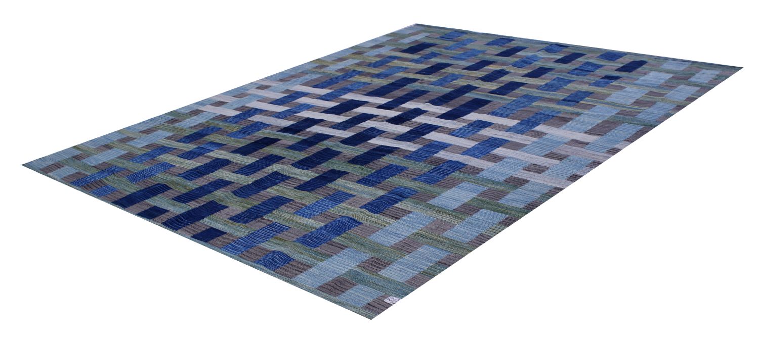 Blauw Tapijt Laagpolig Handgeweven Wollen Vloerkleed - Omid Afghan Modern Kelim 296x203