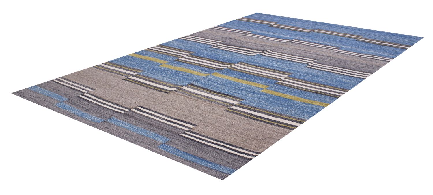Blauw Tapijt Laagpolig Handgeweven Wollen Vloerkleed - Omid Afghan Modern Kelim 228x168