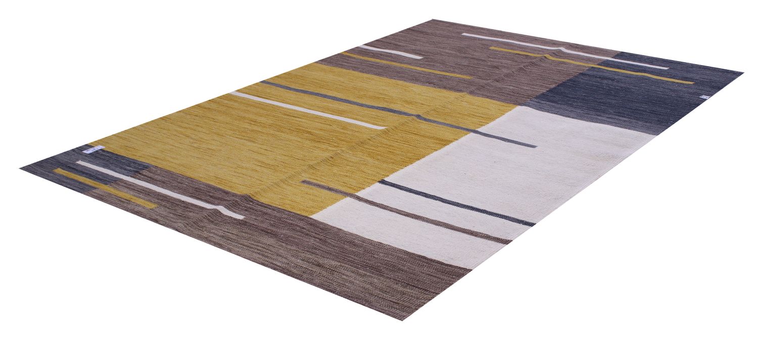 Oker Geel Tapijt Laagpolig Handgeweven Wollen Vloerkleed - Omid Afghan Modern Kelim 202x148