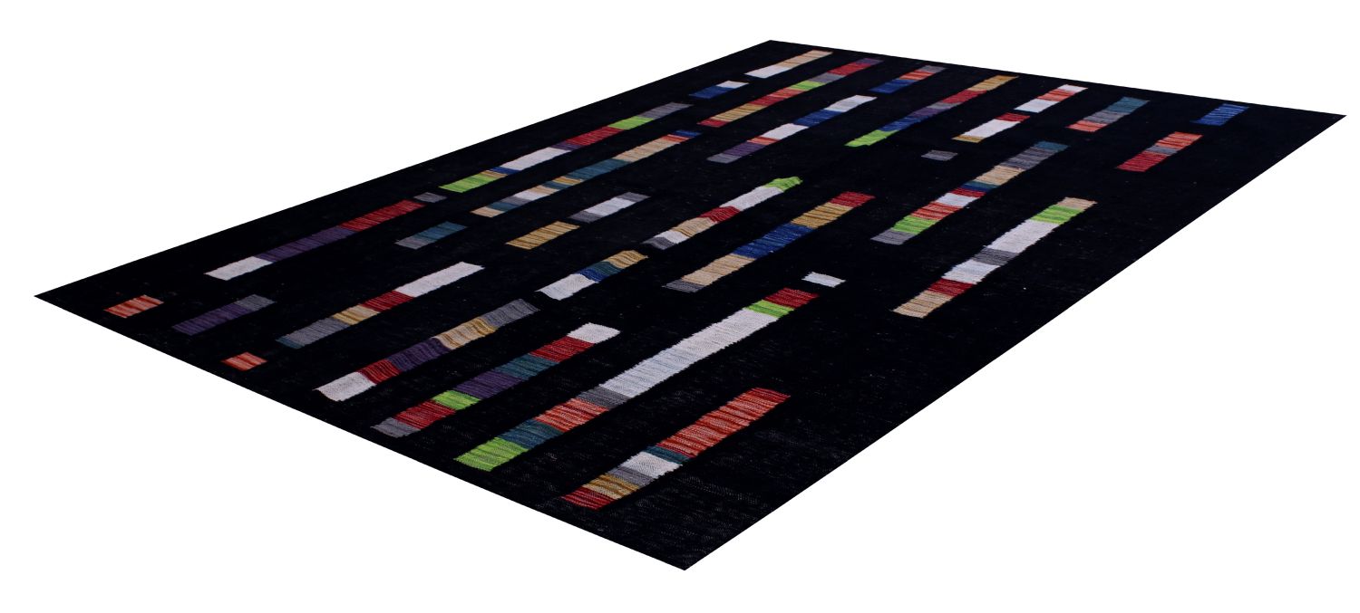 Zwart Tapijt Laagpolig Handgeweven Wollen Vloerkleed - Omid Afghan Modern Kelim 197x150
