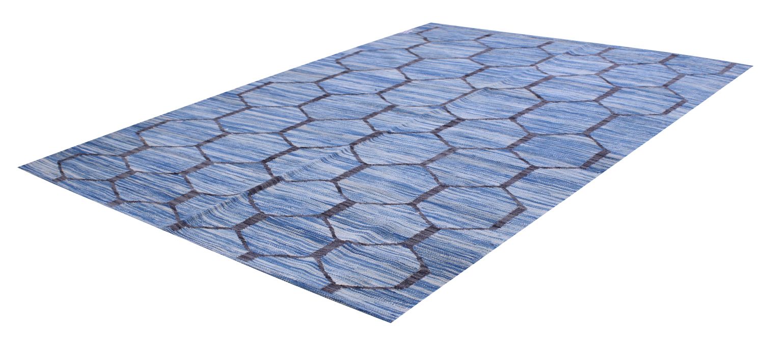 Blauw Tapijt Laagpolig Handgeweven Wollen Vloerkleed - Omid Afghan Modern Kelim 199x151