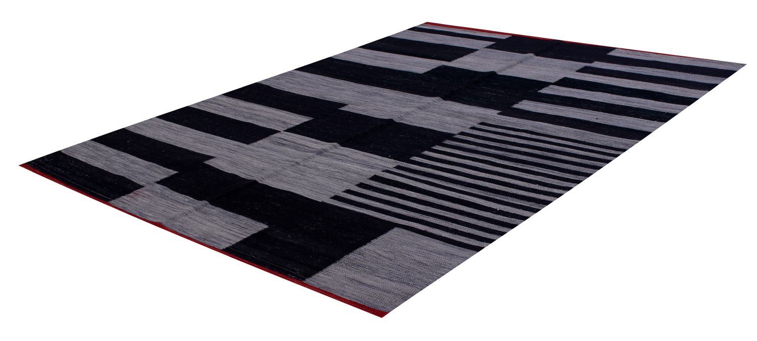 Zwart Tapijt Laagpolig Handgeweven Wollen Vloerkleed - Omid Afghan Modern Kelim 226x159