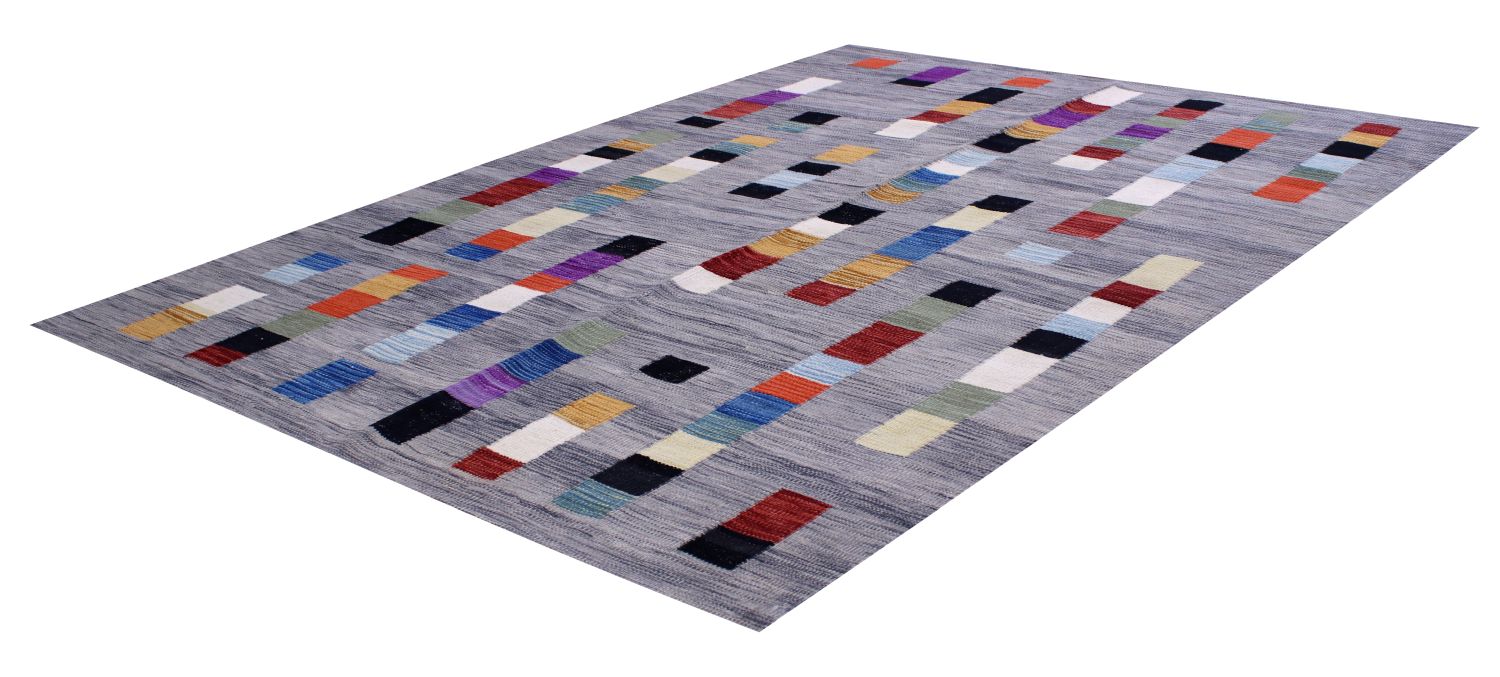 Grijs Tapijt Laagpolig Handgeweven Wollen Vloerkleed - Omid Afghan Modern Kelim 225x166