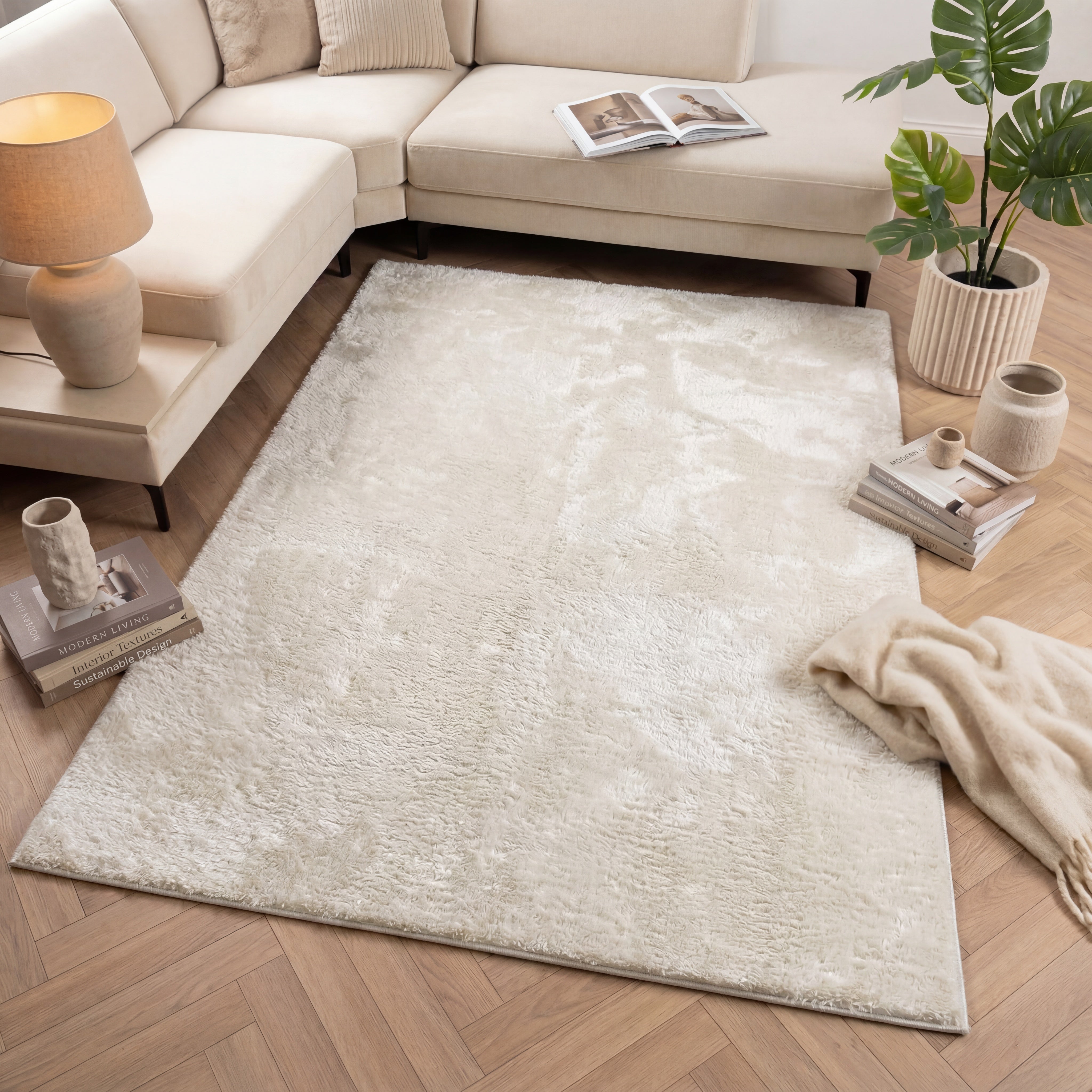Crème Tapijt Wasbaar Laagpolig Vloerkleed met Anti Slip Omid Soft Comfort Wasbaar op 30° - Omid Carpets