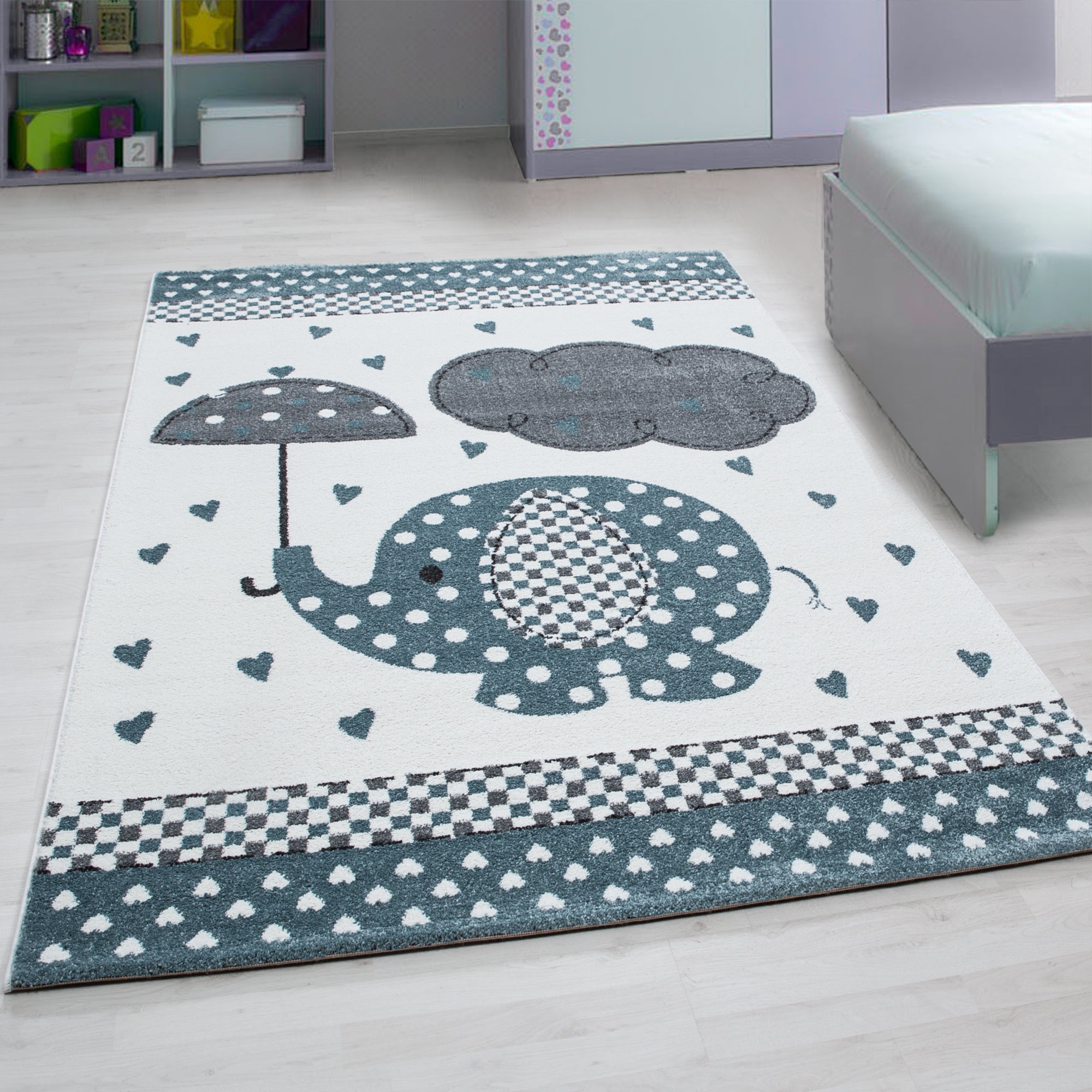 Kindertapijt Omid Hartjes Regen Blauw Vloerkleed - Omid Carpets