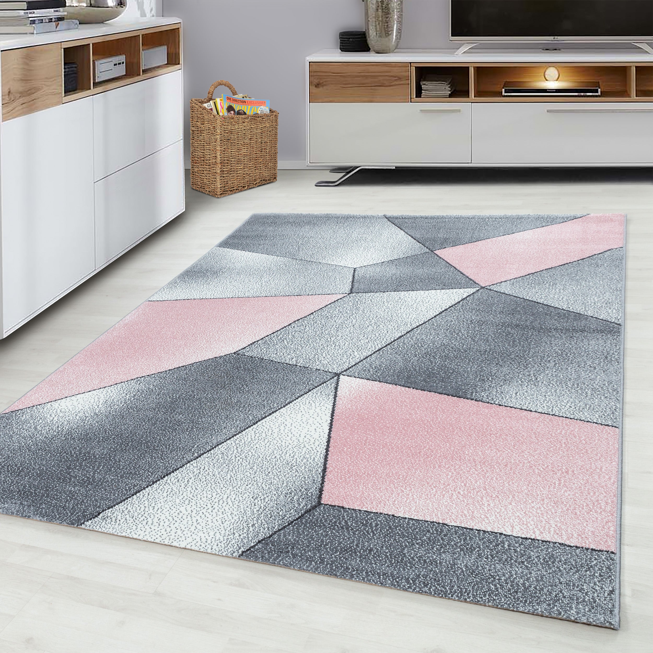 Roos Tapijt Laagpolig Vloerkleed Omid Modern Geometry - Omid Carpets
