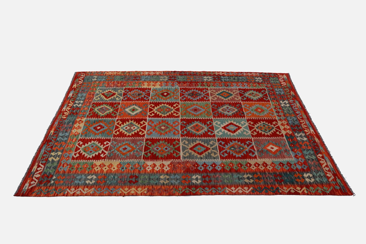 Kleurrijk Tapijt Laagpolig Handgeweven Wollen Vloerkleed - Omid Afghan Kelim 245x173cm