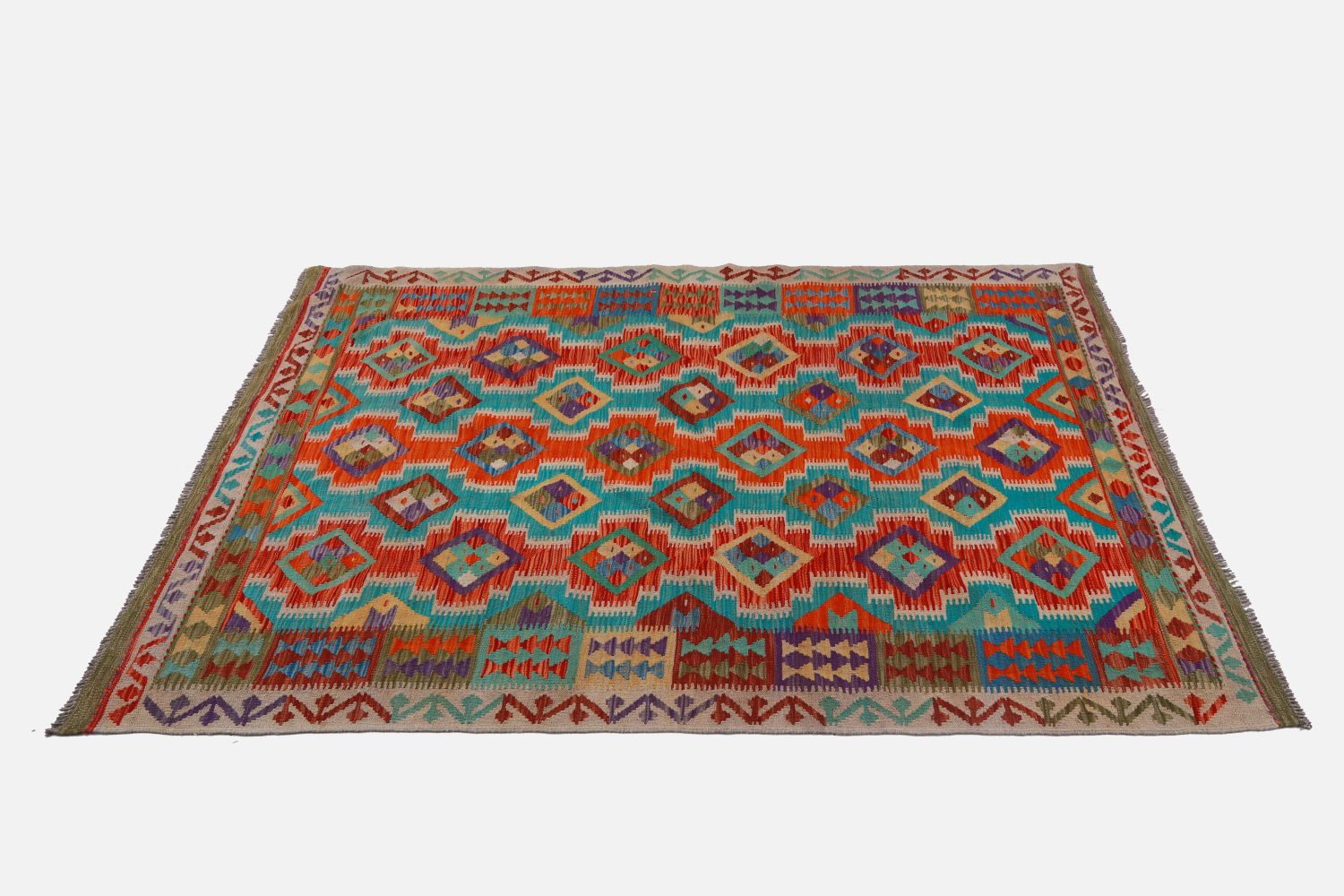 Kleurrijk Tapijt Laagpolig Handgeweven Wollen Vloerkleed - Omid Afghan Kelim 210x152