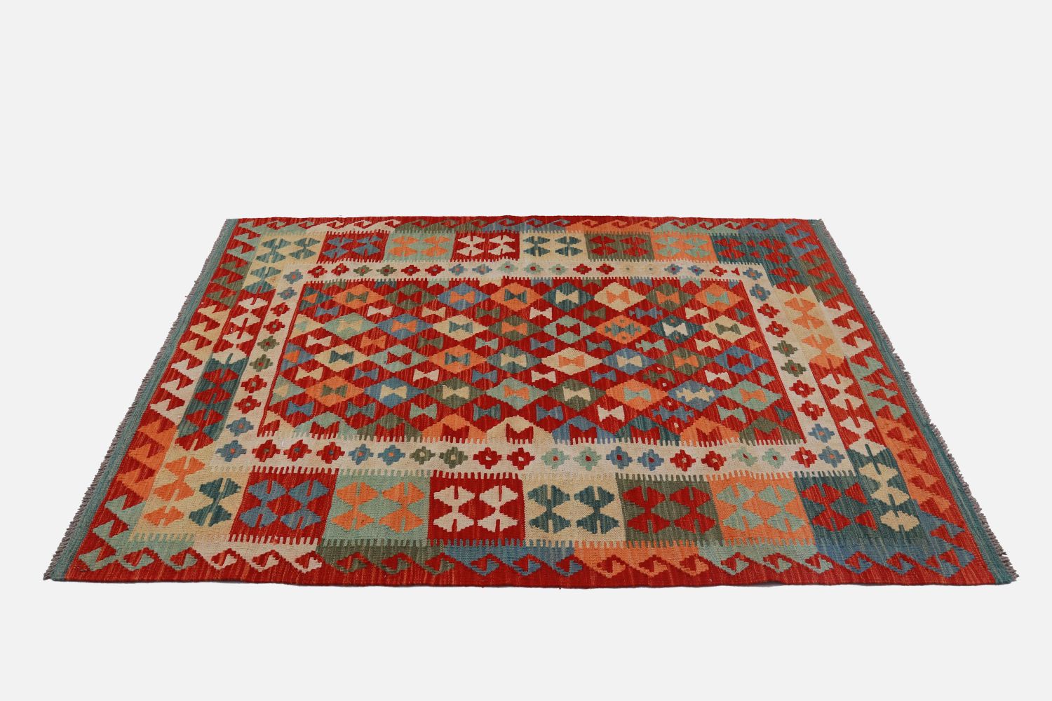 Kleurrijk Tapijt Laagpolig Handgeweven Wollen Vloerkleed - Omid Afghan Kelim 183x125