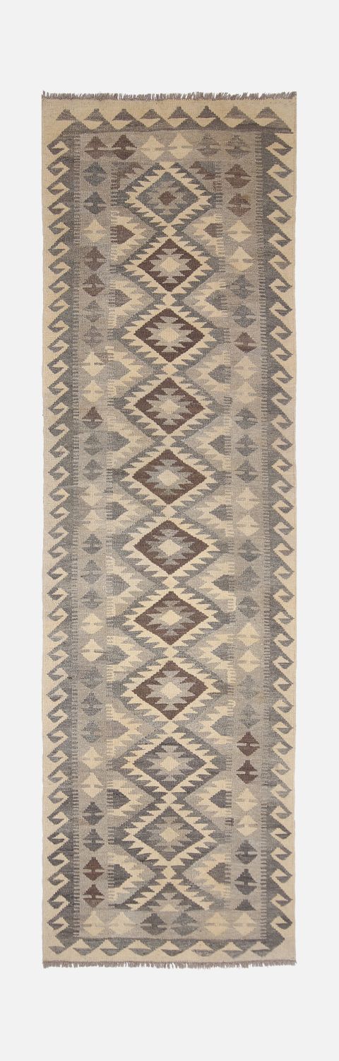Beige Tapijt Laagpolig Handgeweven Wollen Vloerkleed - Omid Afghan Natural Kelim 292x84