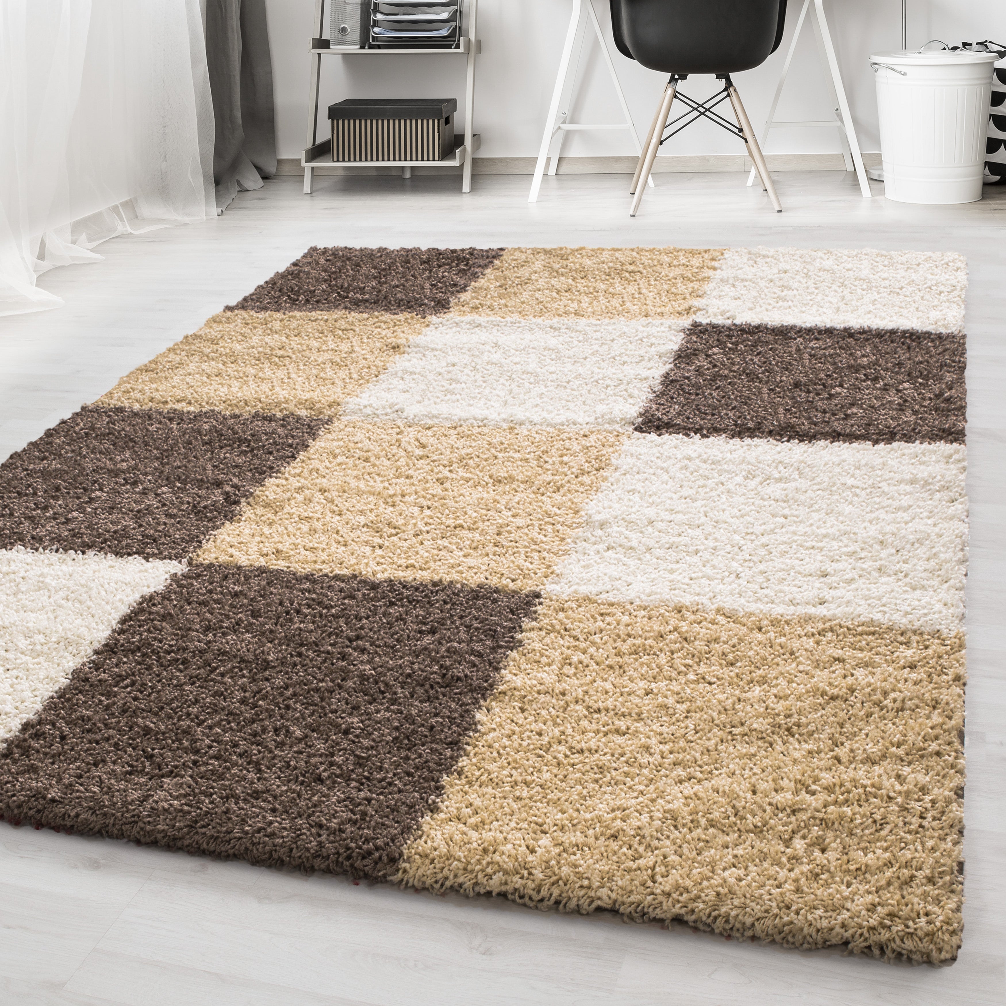 Bruin Tapijt Hoogpolig Vloerkleed - Omid Essential Blokjes - Omid Carpets