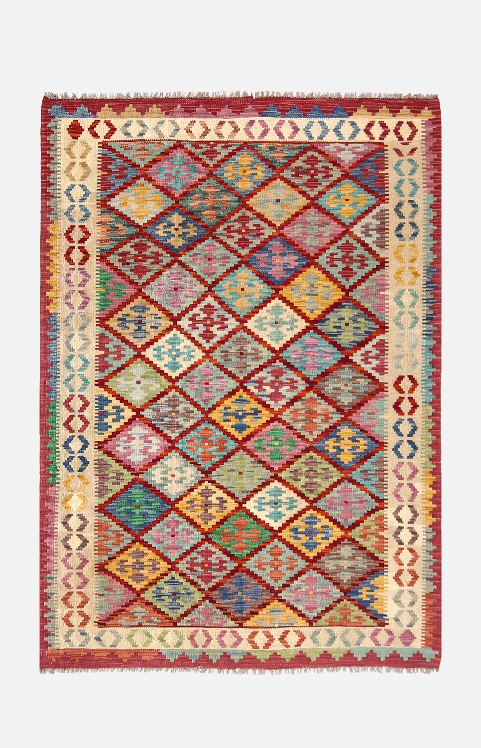 Kleurrijk Tapijt Laagpolig Handgeweven Wollen Vloerkleed - Omid Afghan Kelim 180x127