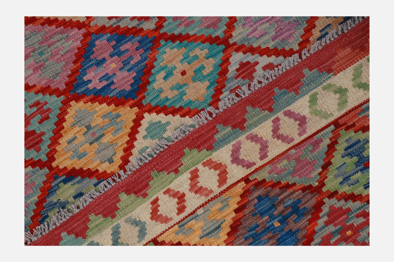 Kleurrijk Tapijt Laagpolig Handgeweven Wollen Vloerkleed - Omid Afghan Kelim 180x127