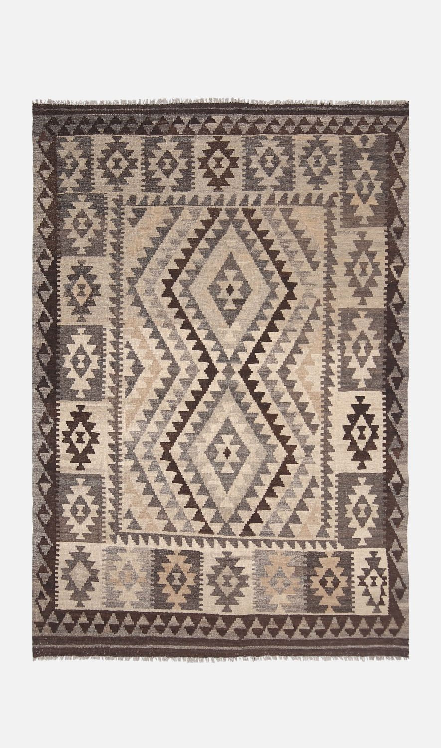 Beige Tapijt Laagpolig Handgeweven Wollen Vloerkleed - Omid Afghan Natural Kelim 205x140