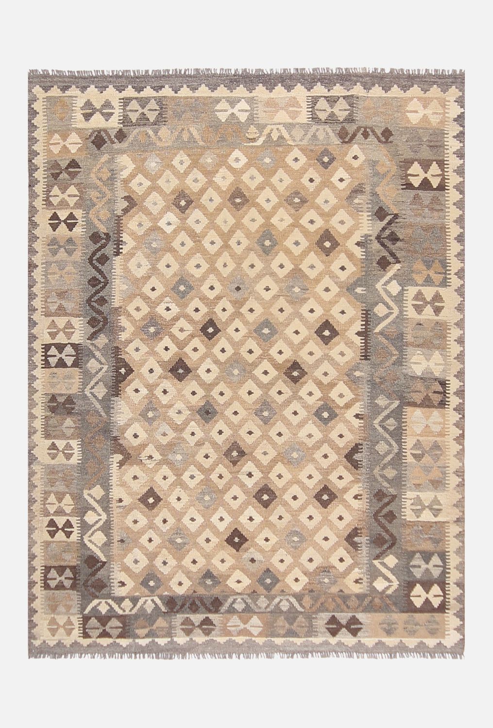 Beige Tapijt Laagpolig Handgeweven Wollen Vloerkleed - Omid Afghan Natural Kelim 207x160