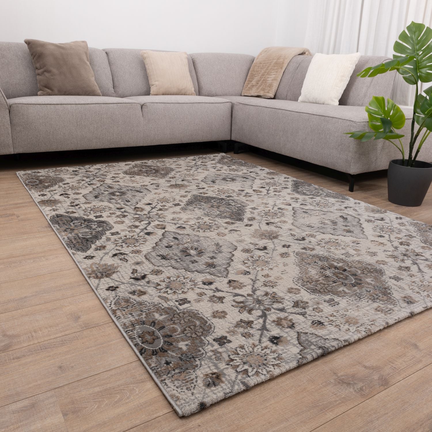 Beige met Grijs Tapijt Bloemen Design Laagpolig Vloerkleed Omid Impressive