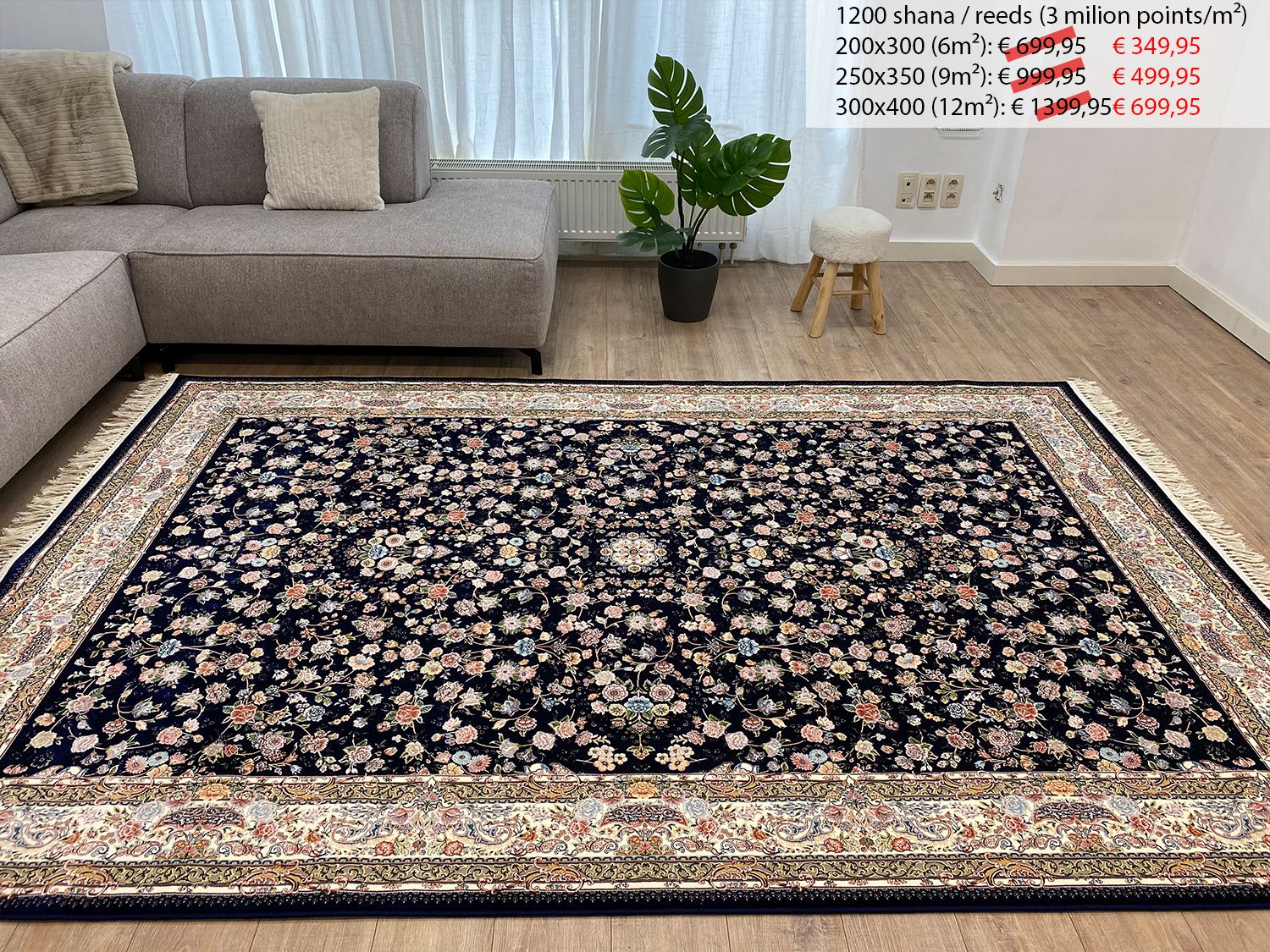 Blauw Tapijt Laagpolig Klassiek Vloerkleed - Omid Premium Classic Hand Look - 3 Miljoen punten/m²